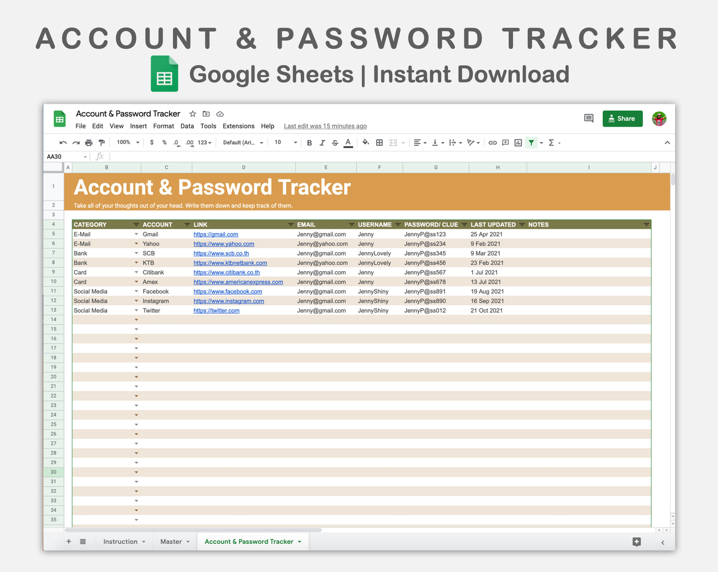 Google Sheets - Account & Password Tracker - Boho