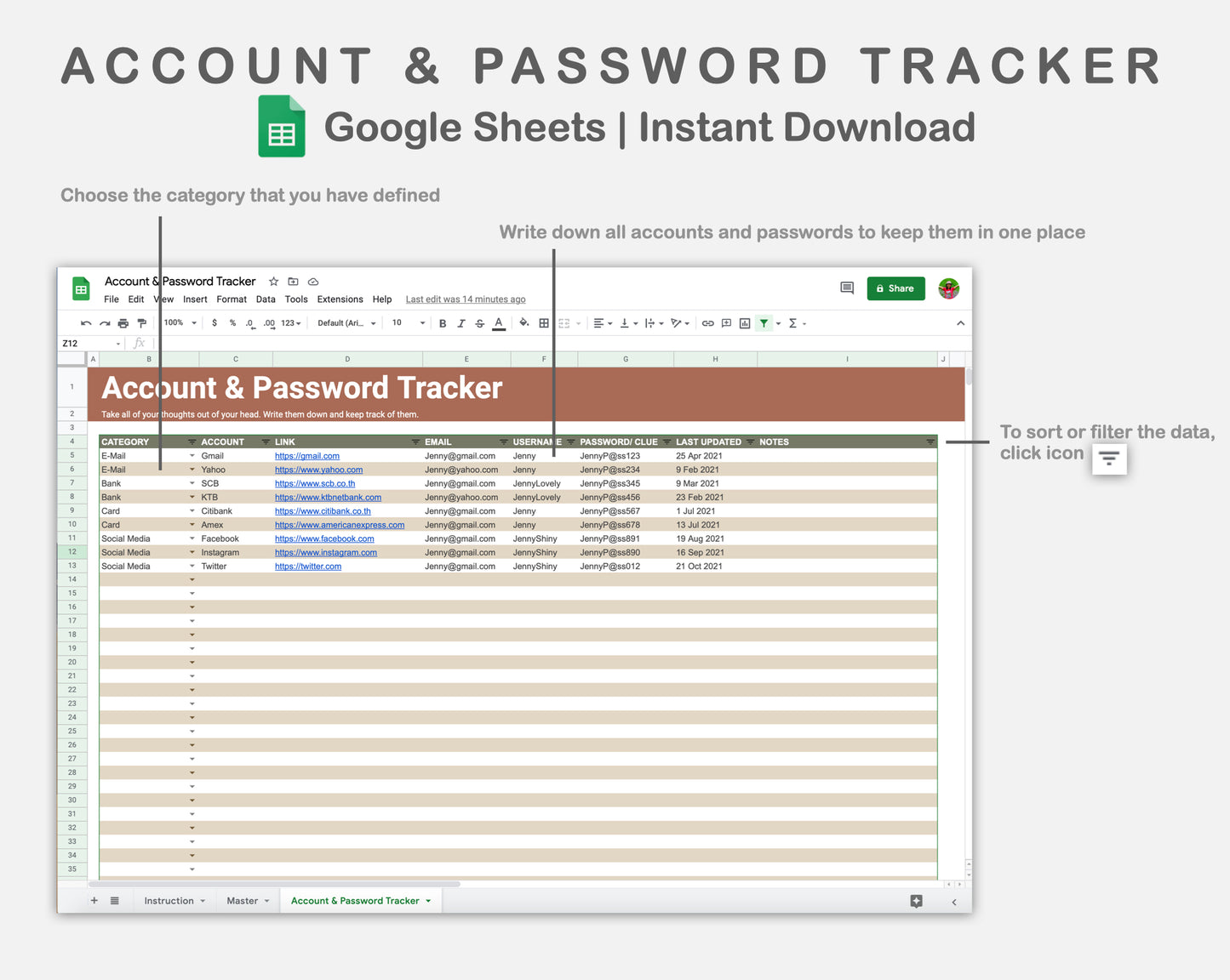 Google Sheets - Account & Password Tracker - Earthy