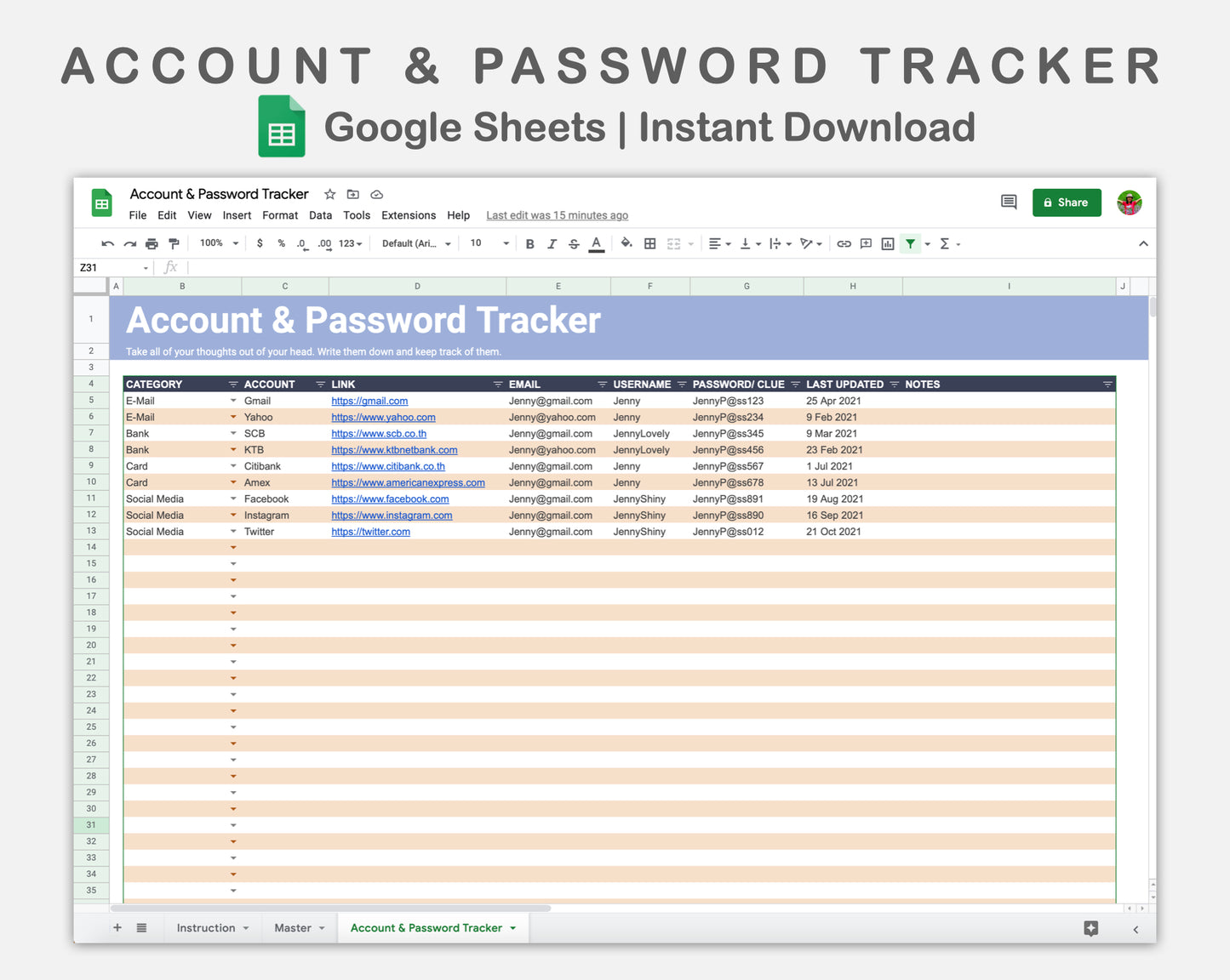 Google Sheets - Account & Password Tracker - Sweet