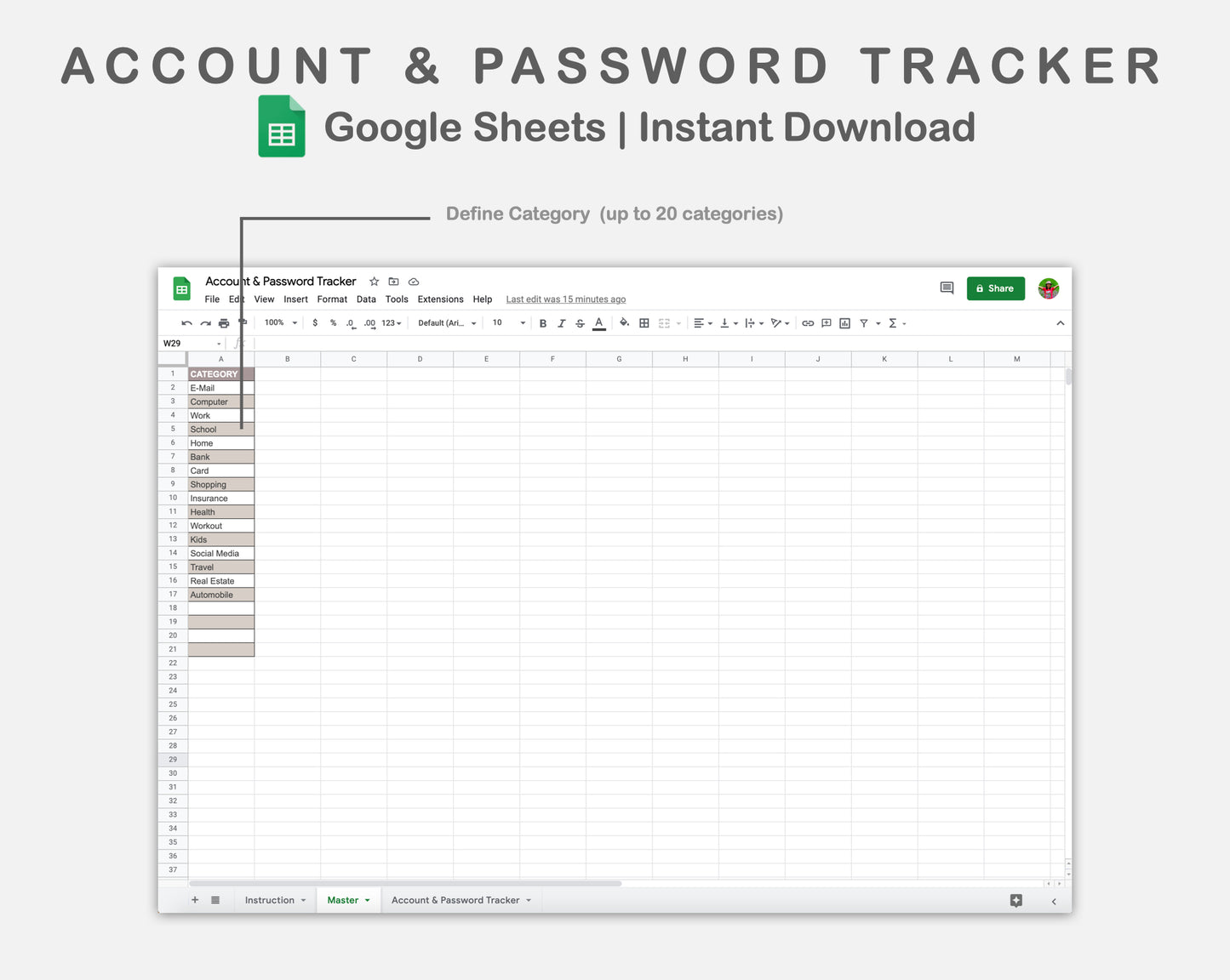 Google Sheets - Account & Password Tracker - Sweet