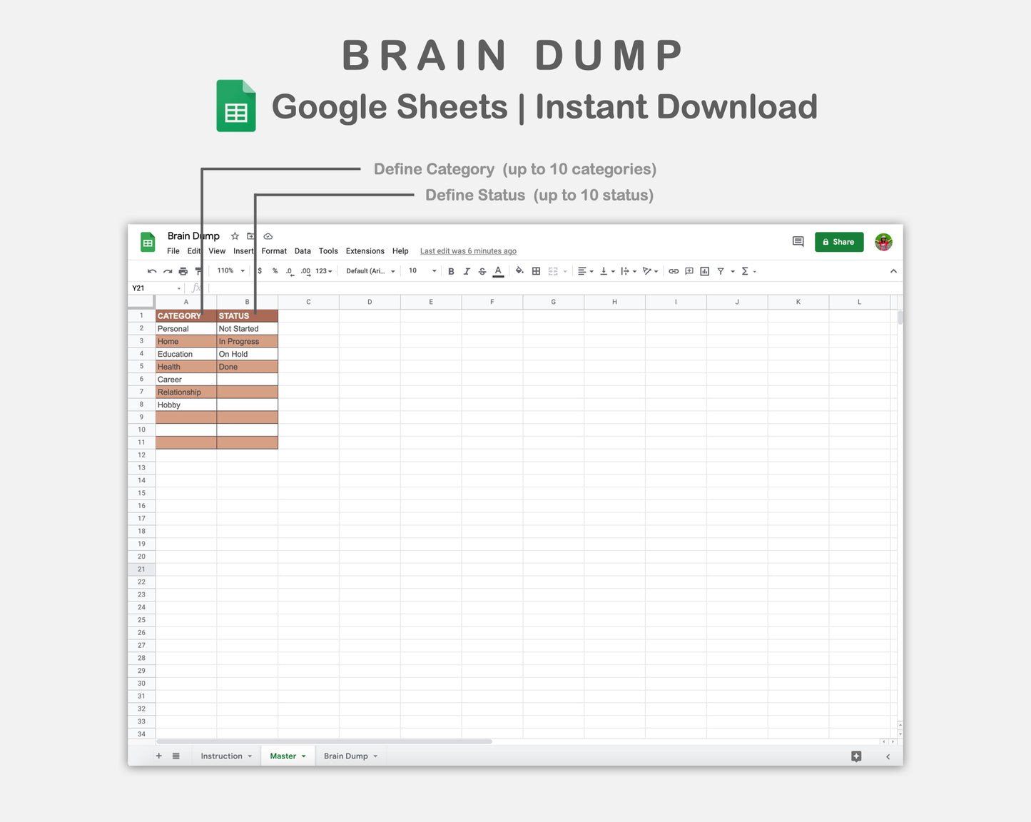 Google Sheets - Brain Dump - Earthy