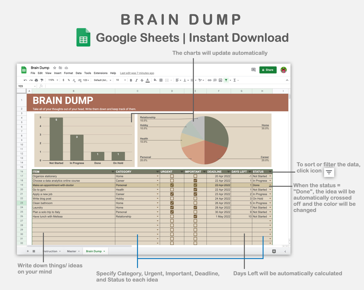 Google Sheets - Brain Dump - Earthy