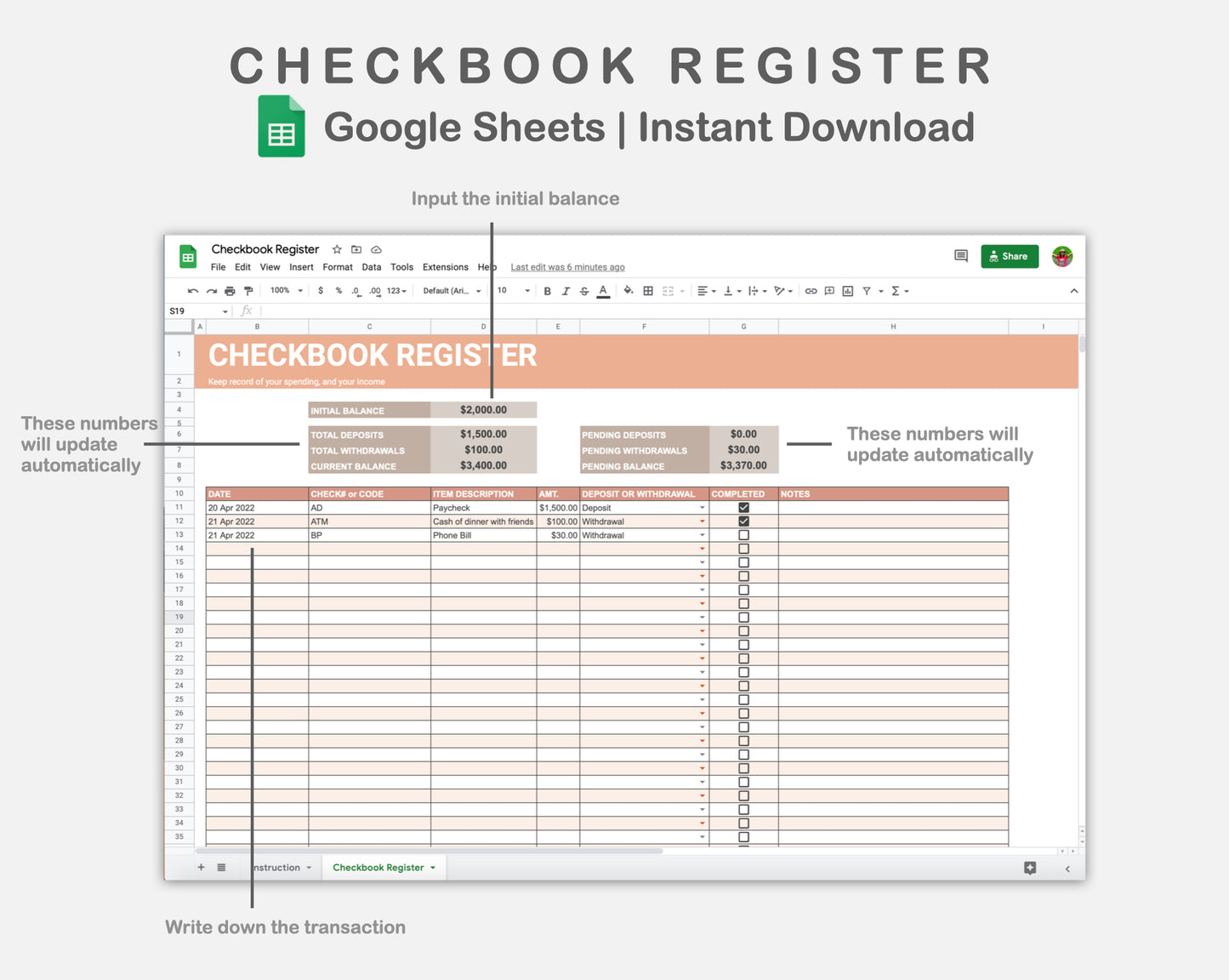Google Sheets - Checkbook Register - Neutral
