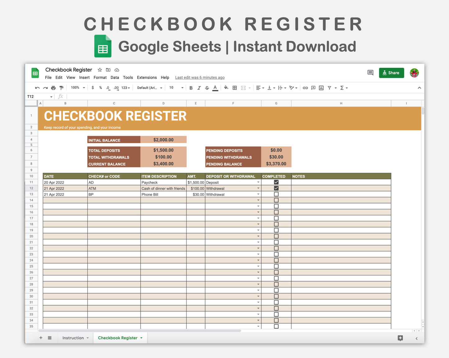 Google Sheets - Checkbook Register - Boho