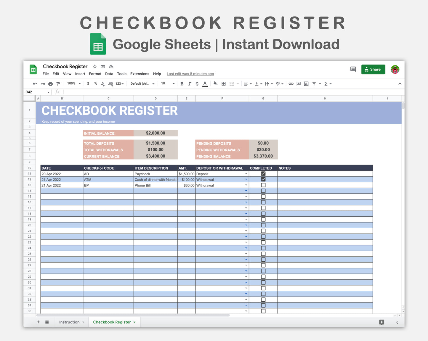 Google Sheets - Checkbook Register - Sweet
