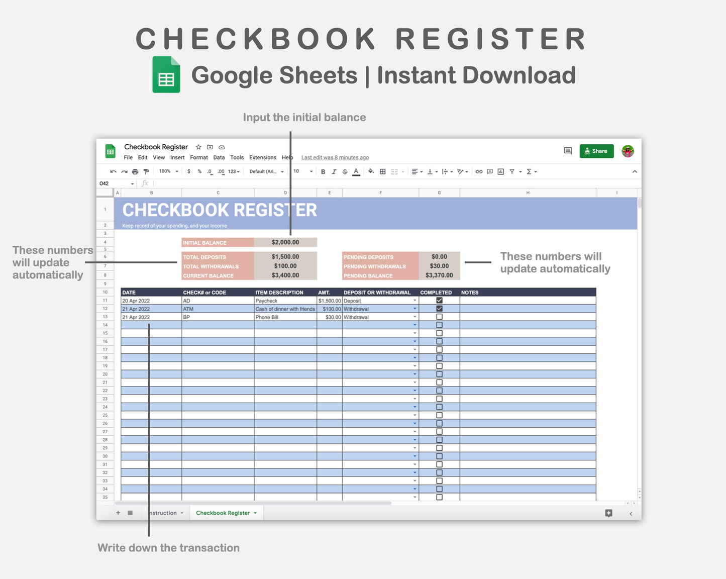 Google Sheets - Checkbook Register - Sweet