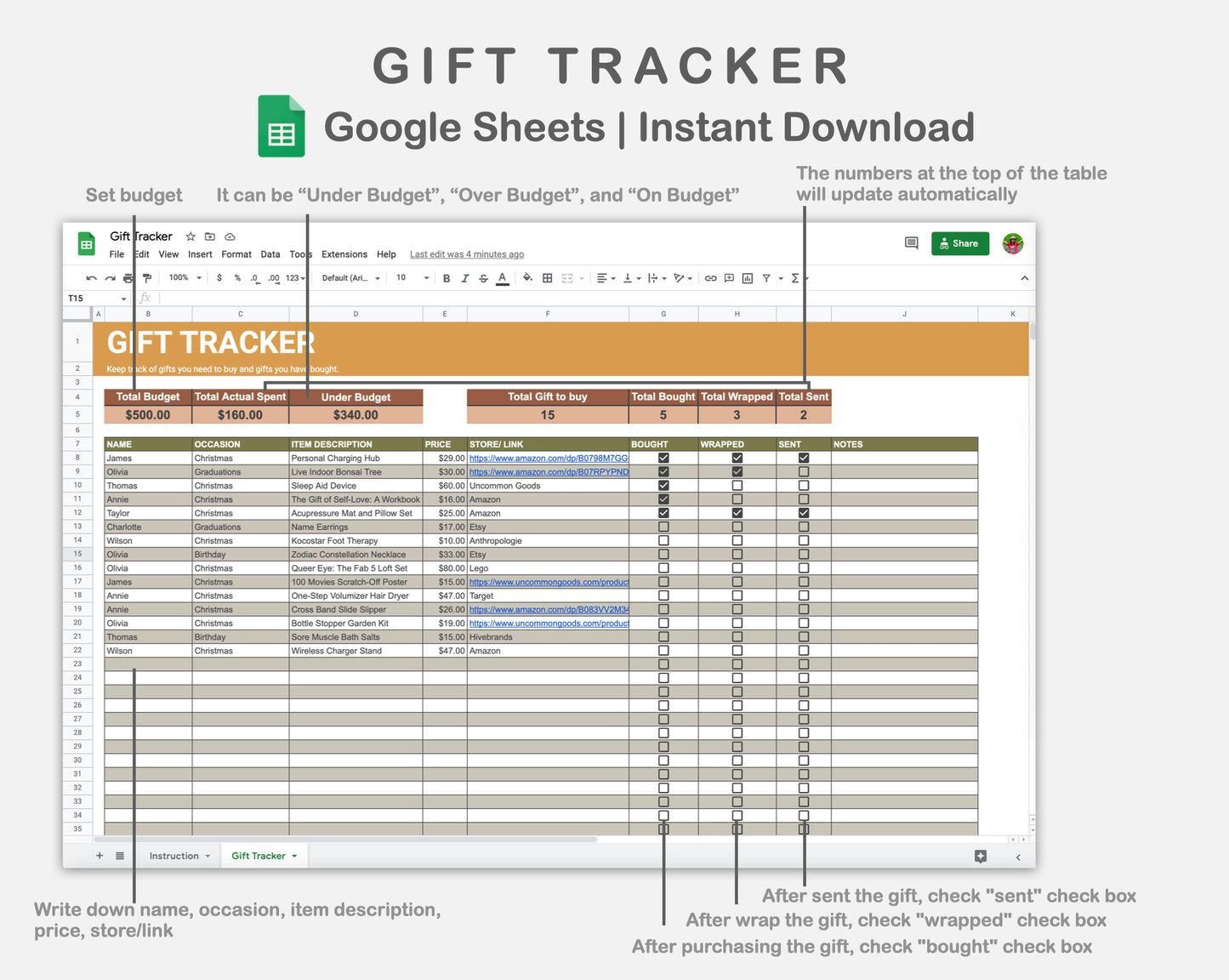 Google Sheets - Gift Tracker - Boho