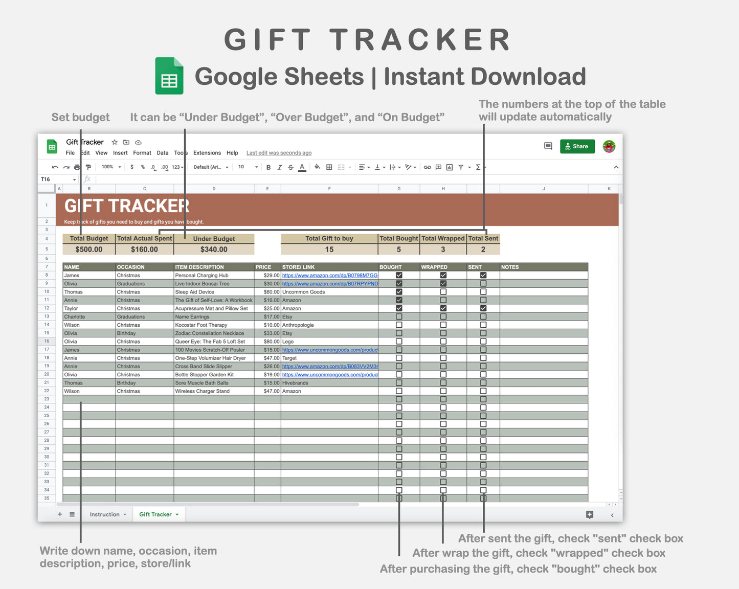 Google Sheets - Gift Tracker - Earthy