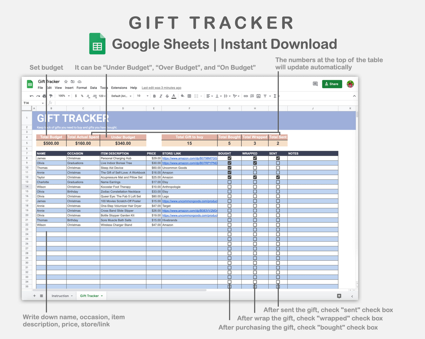 Google Sheets - Gift Tracker - Sweet