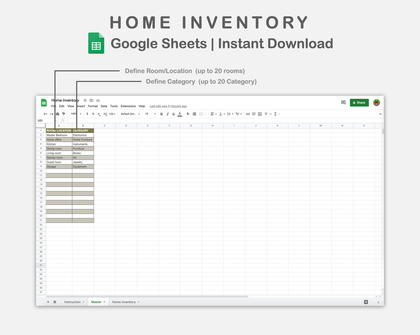 Google Sheets - Home Inventory - Boho