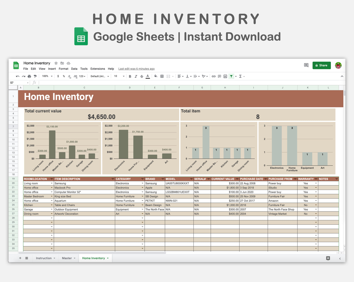 Google Sheets - Home Inventory - Earthy