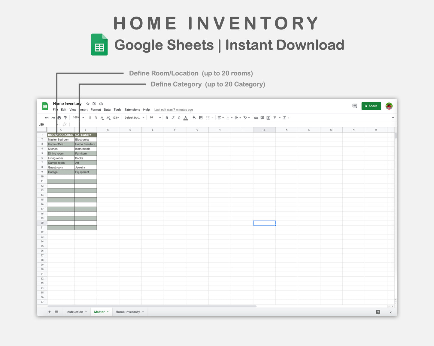 Google Sheets - Home Inventory - Earthy