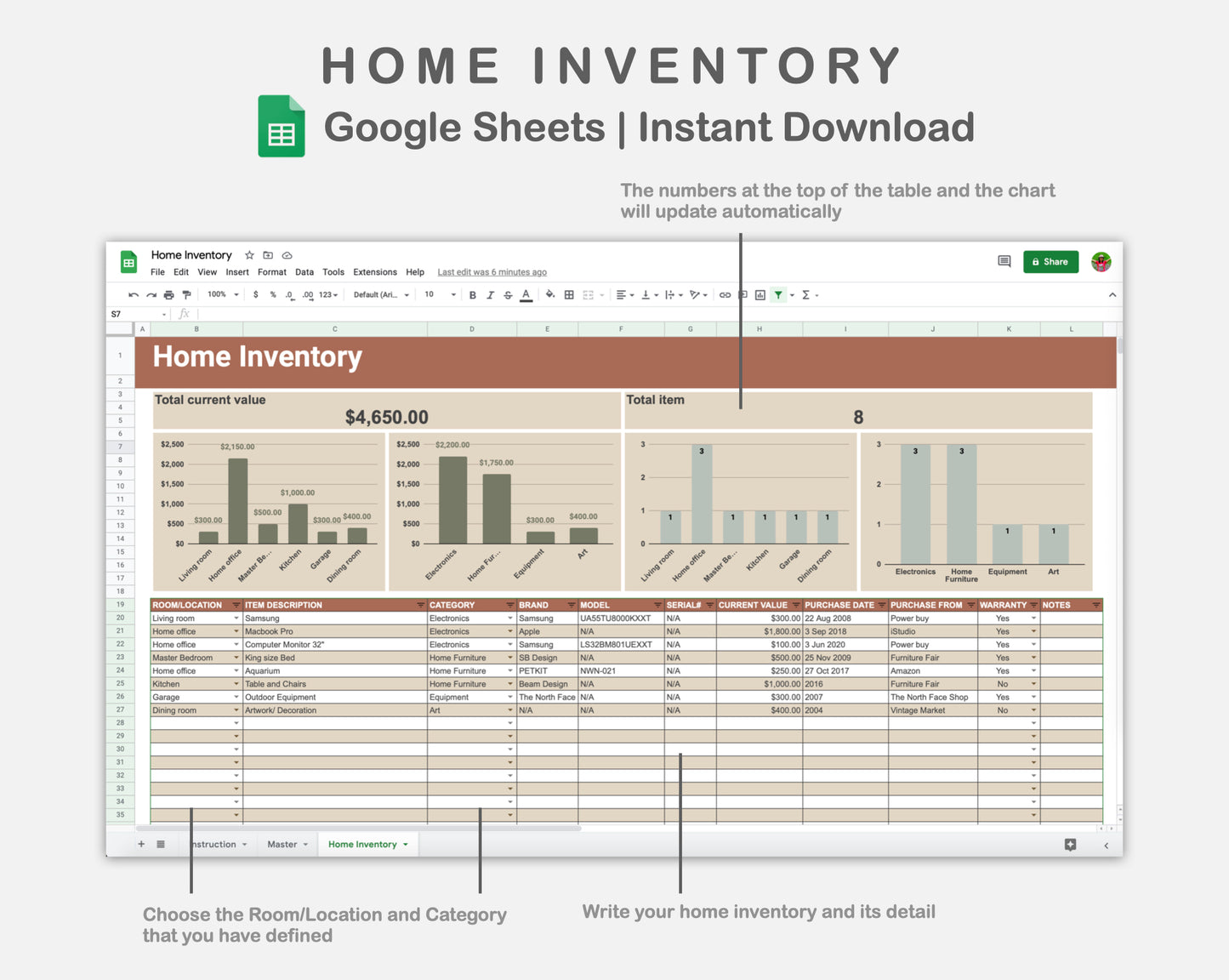 Google Sheets - Home Inventory - Earthy