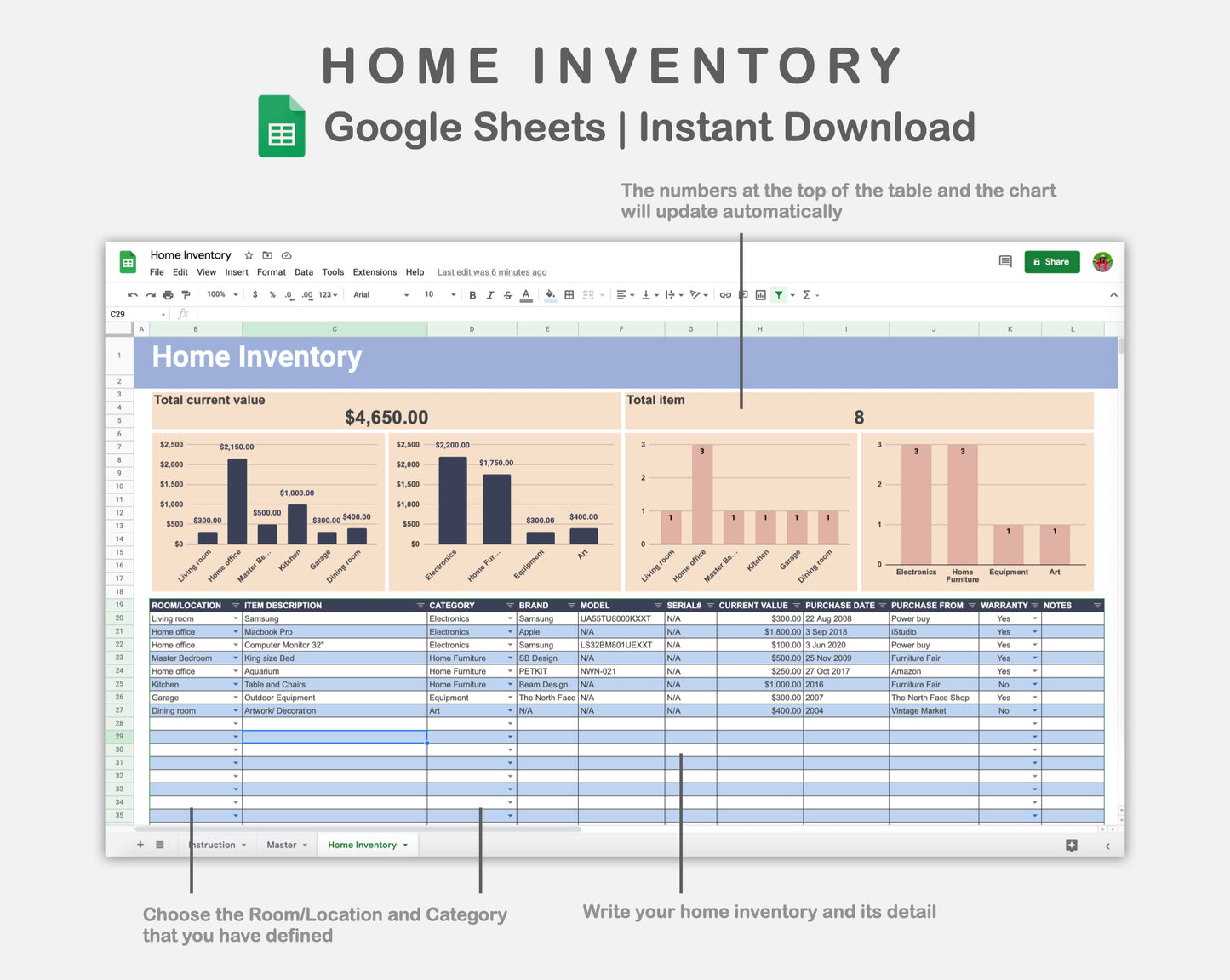Google Sheets - Home Inventory - Sweet