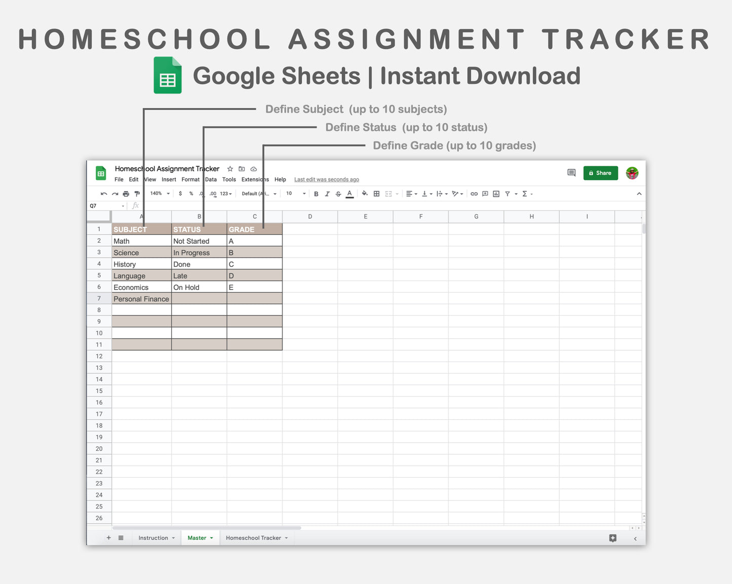Google Sheets - Homeschool Assignment Tracker - Neutral