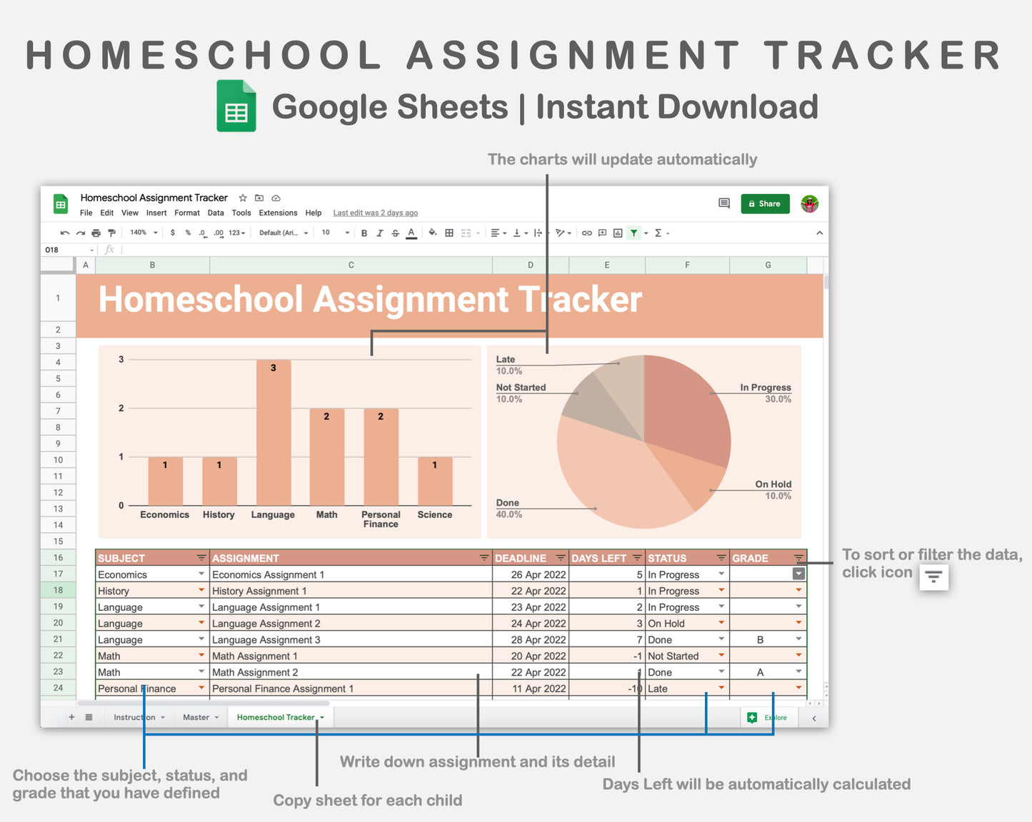Google Sheets - Homeschool Assignment Tracker - Neutral