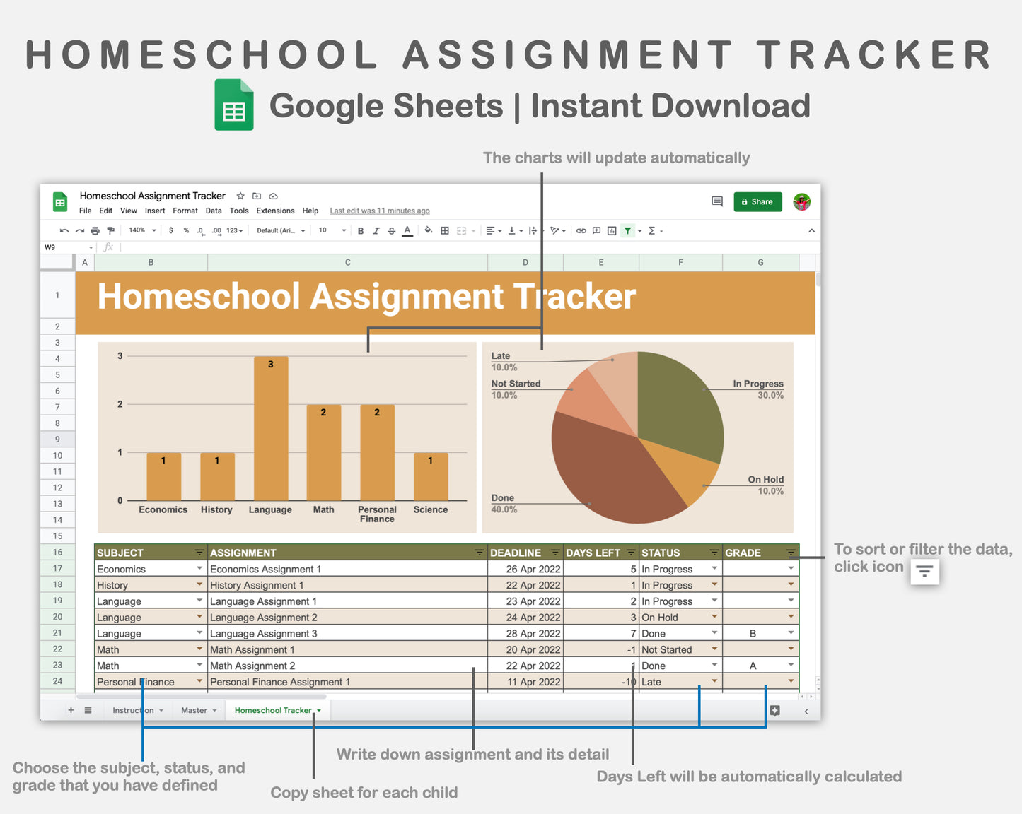 Google Sheets - Homeschool Assignment Tracker - Boho