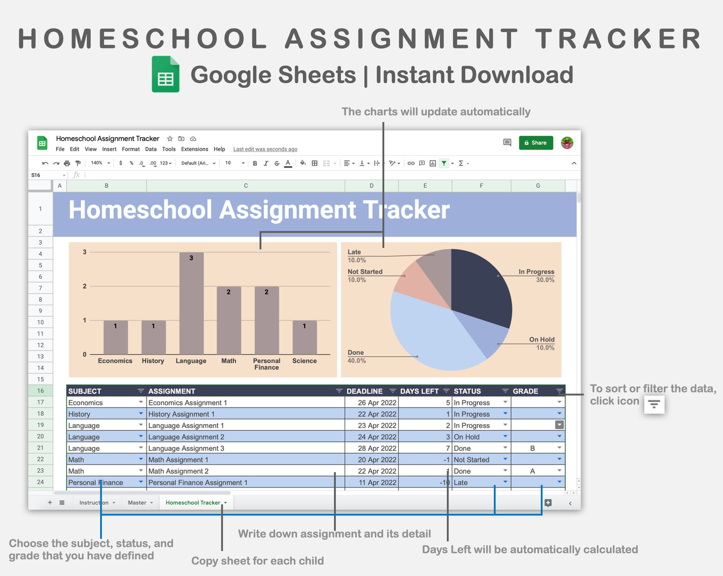 Google Sheets - Homeschool Assignment Tracker - Sweet