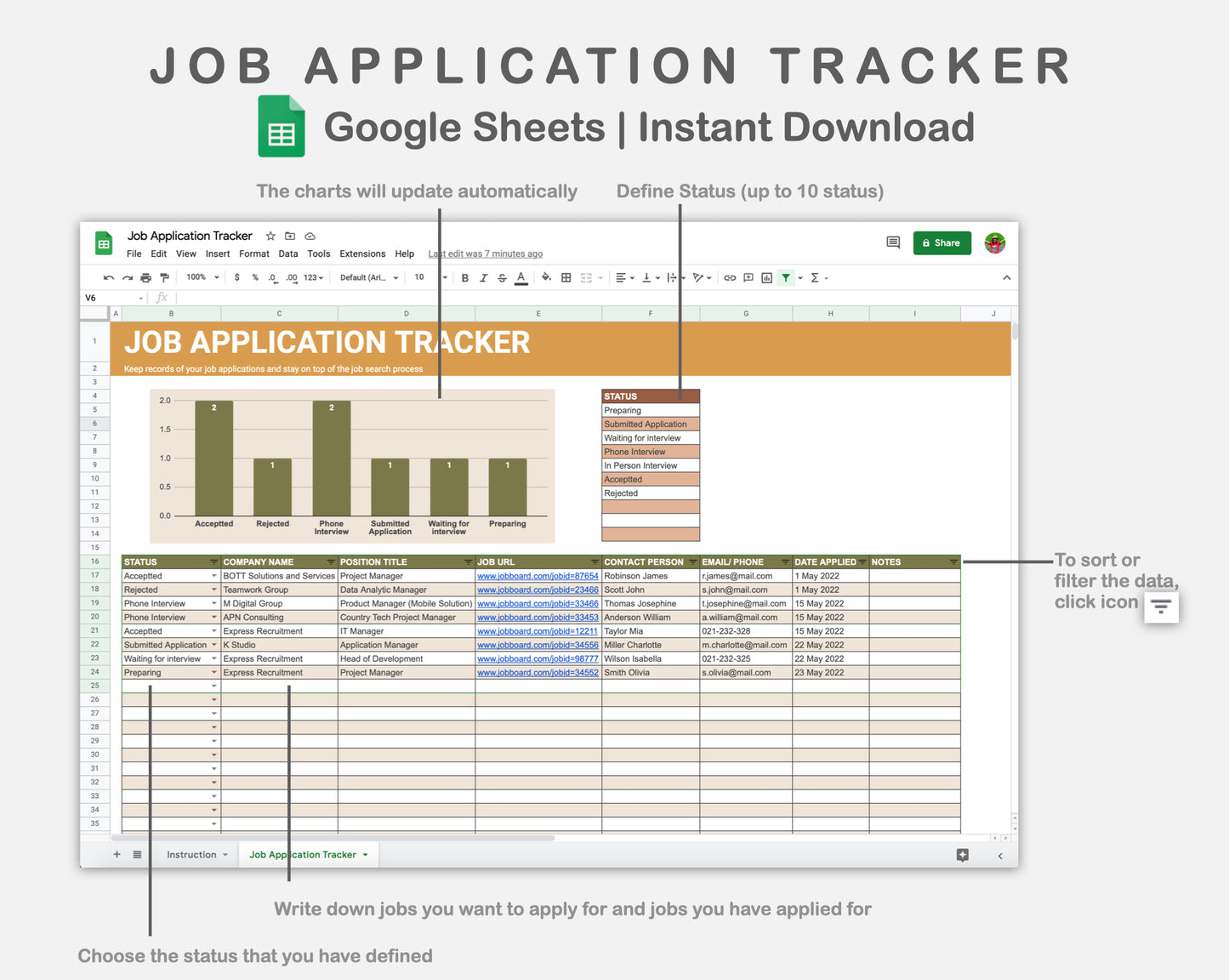 Google Sheets - Job Application Tracker - Boho