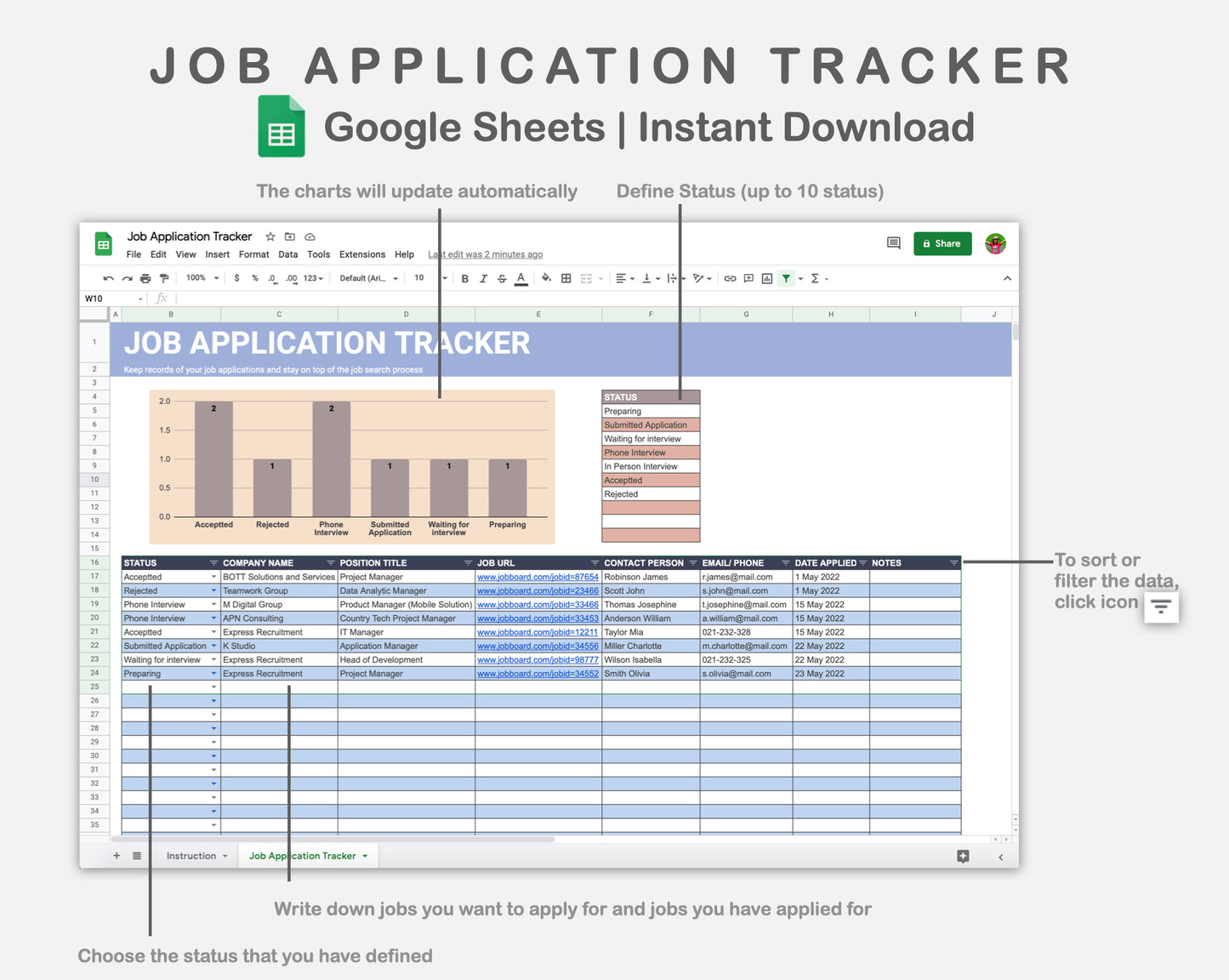 Google Sheets - Job Application Tracker - Sweet