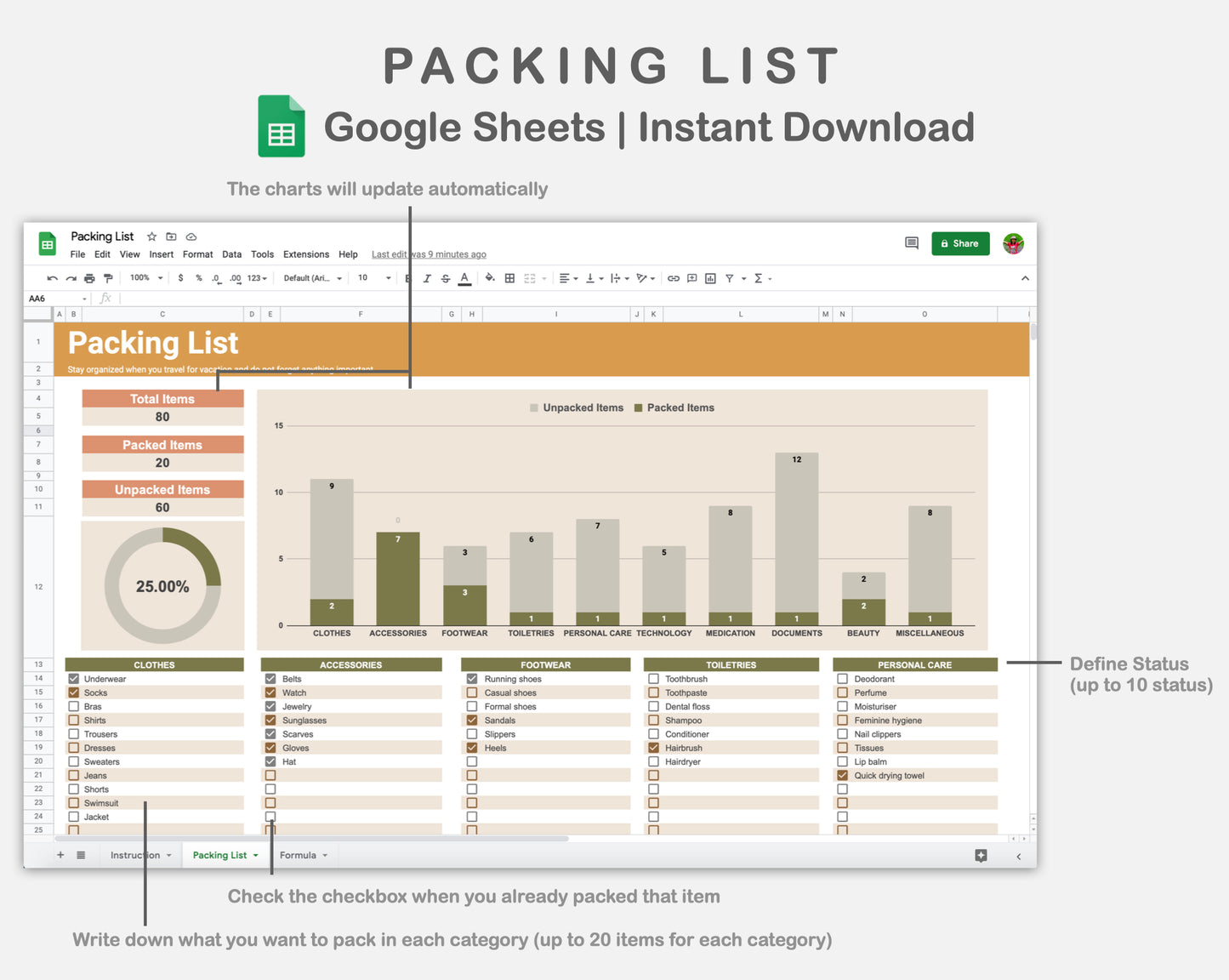 Google Sheets - Packing list - Boho