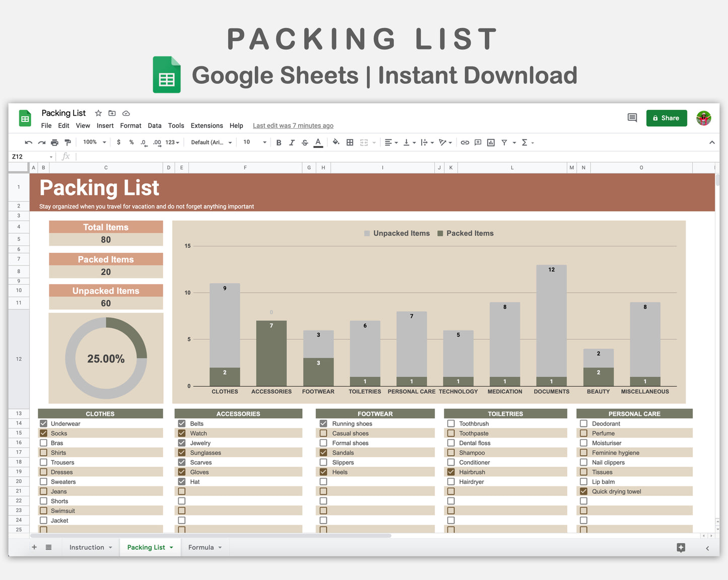 Google Sheets - Packing list - Earthy