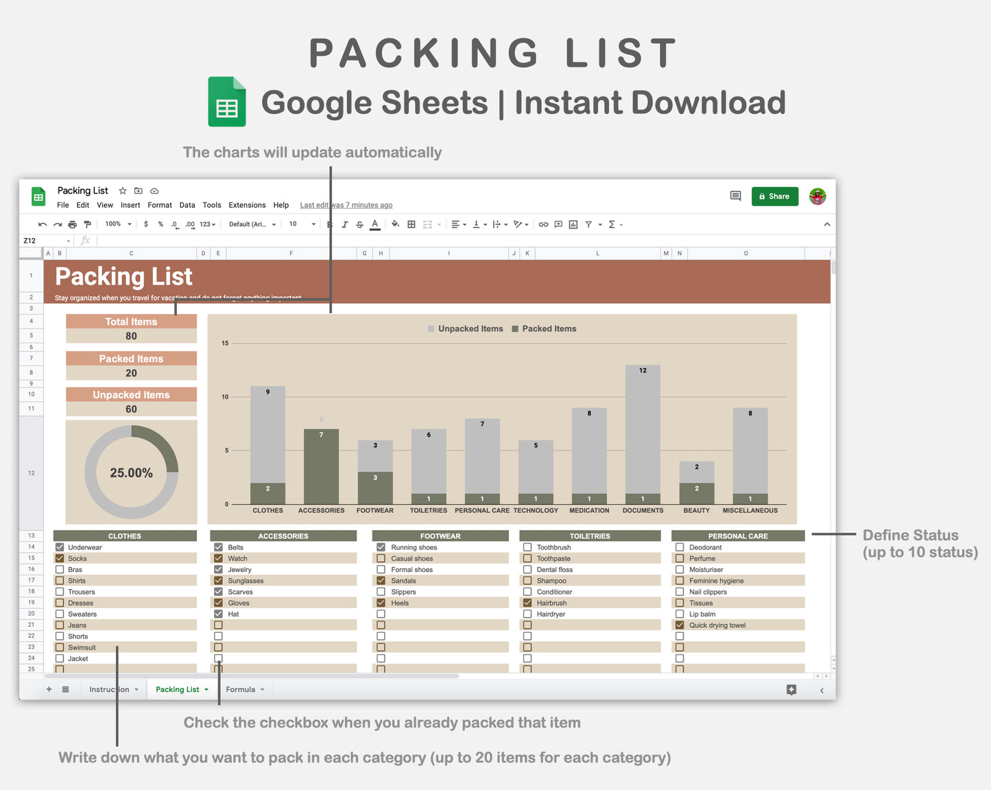 Google Sheets - Packing list - Earthy