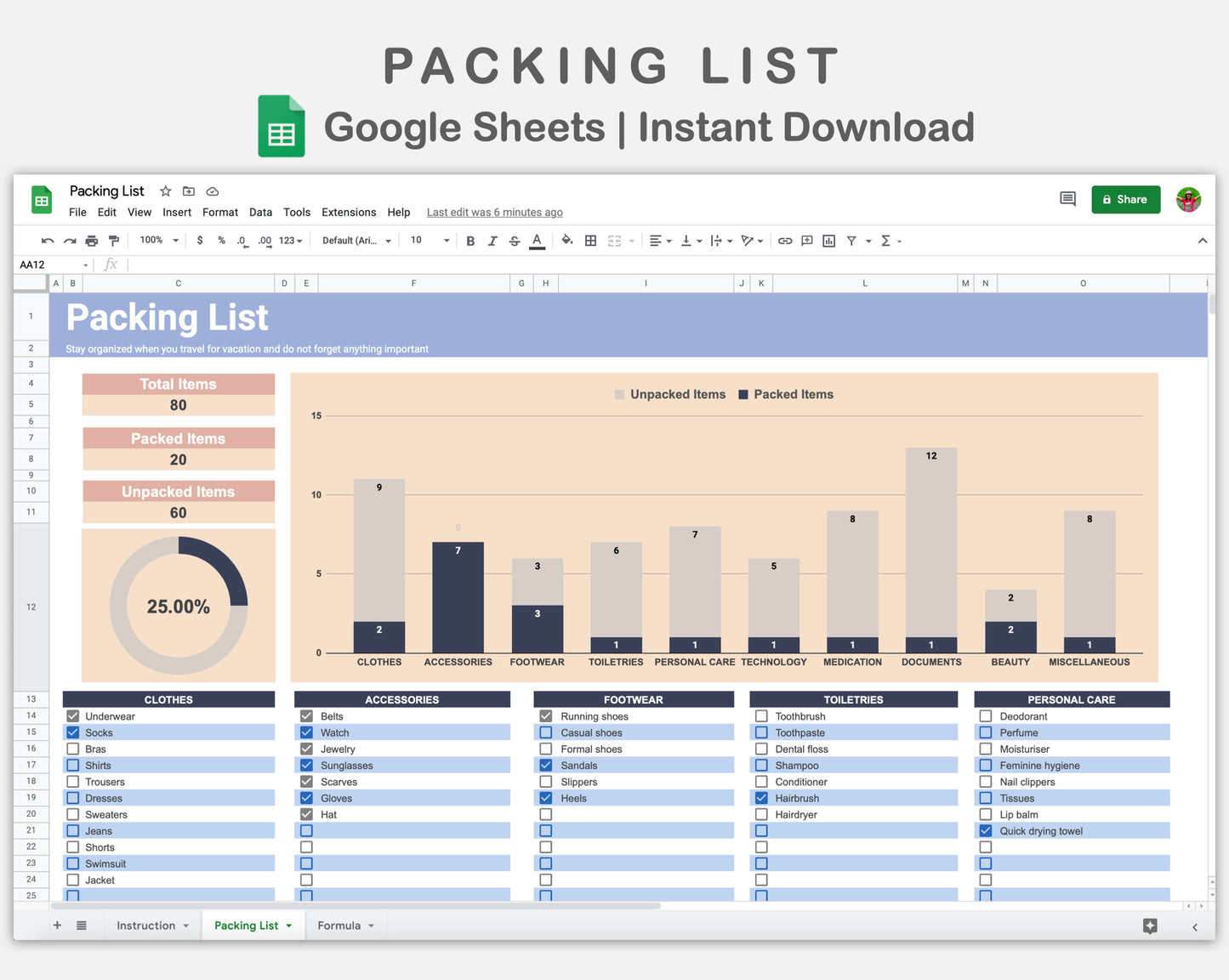 Google Sheets - Packing list - Sweet