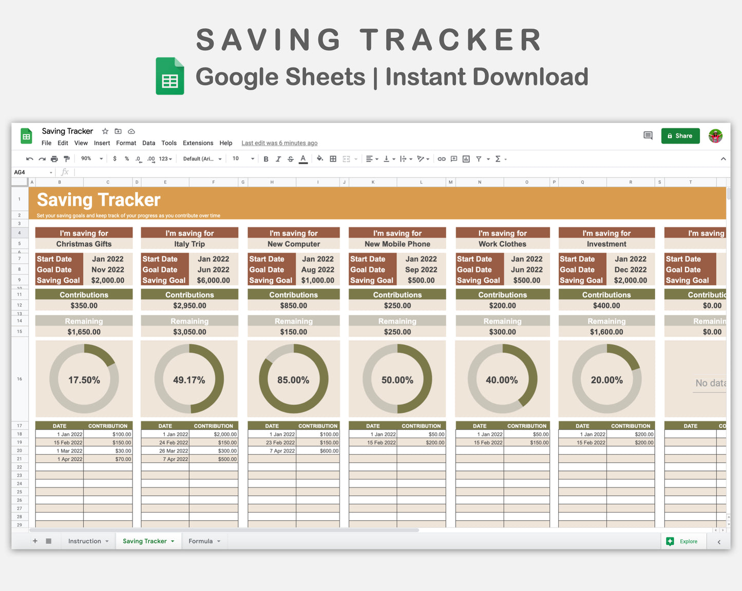 Google Sheets - Savings Tracker - Boho