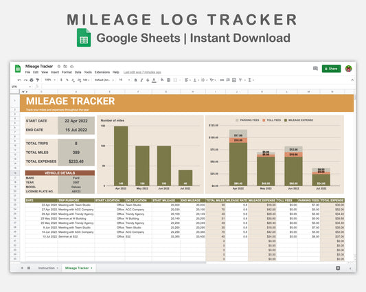 Google Sheets - Mileage Log Tracker - Boho
