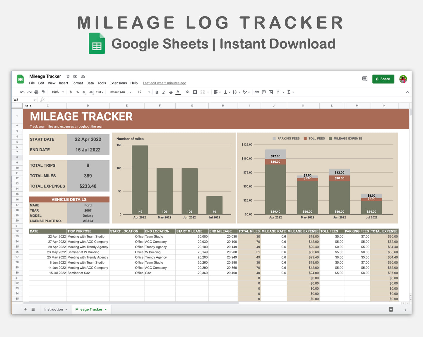 Google Sheets - Mileage Log Tracker - Earthy
