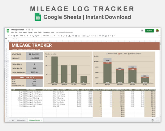 Google Sheets - Mileage Log Tracker - Earthy