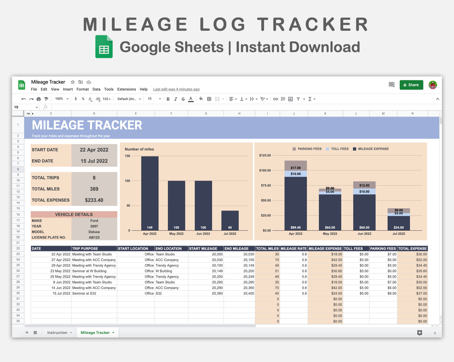 Google Sheets - Mileage Log Tracker - Sweet