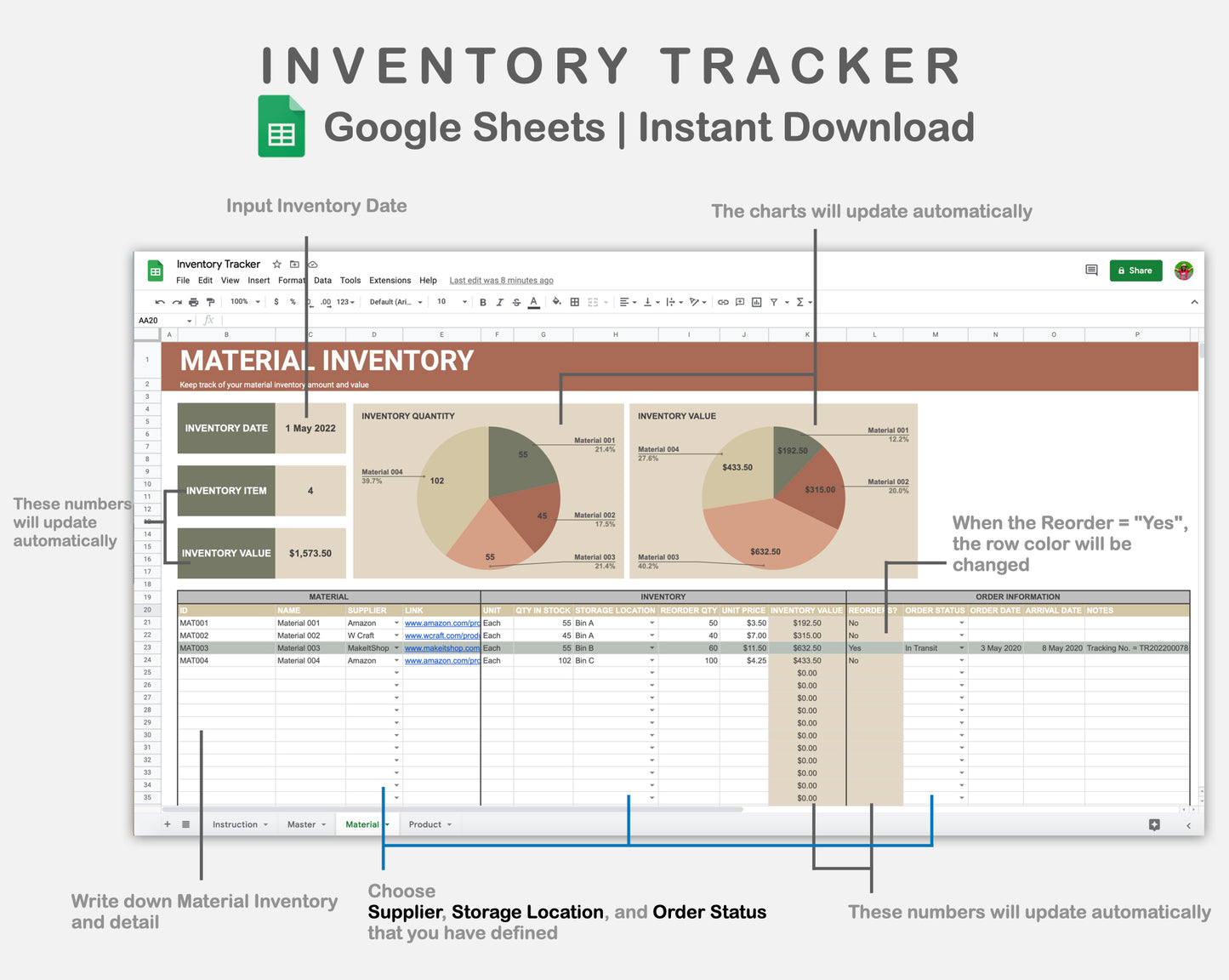 Google Sheets - Inventory Tracker - Earthy