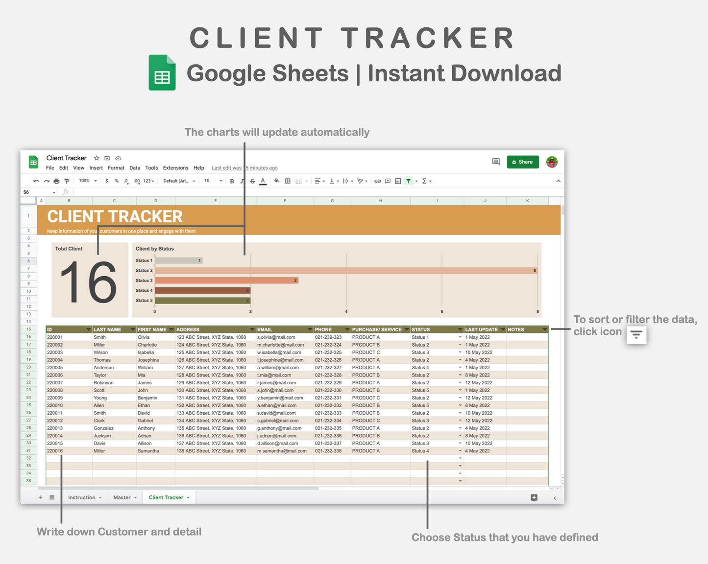 Google Sheets - Client Tracker - Boho