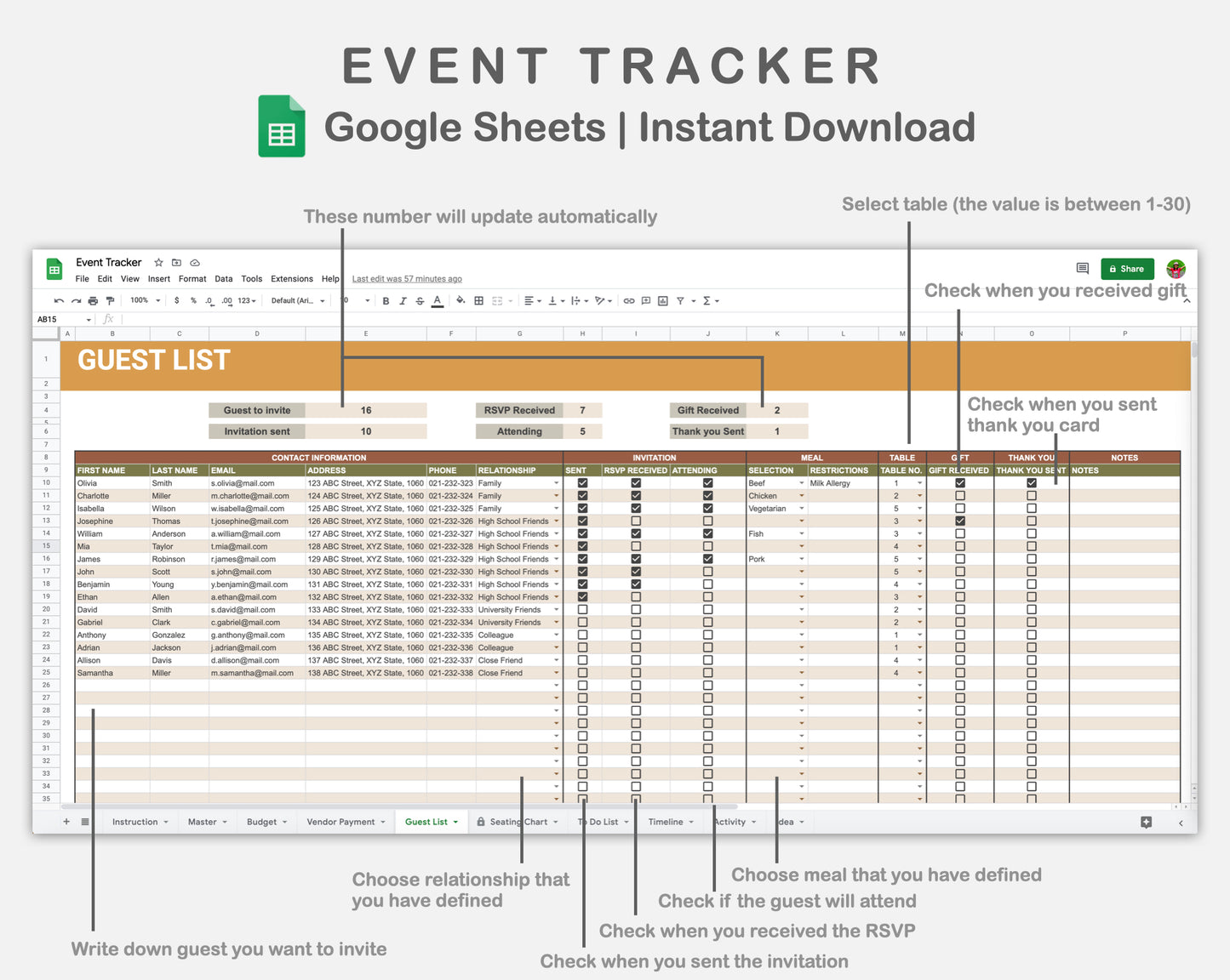 Google Sheets - Event Planner - Boho