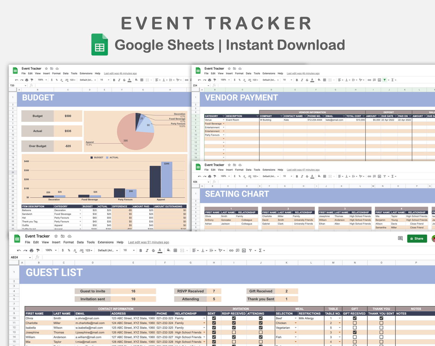 Google Sheets - Event Planner - Sweet
