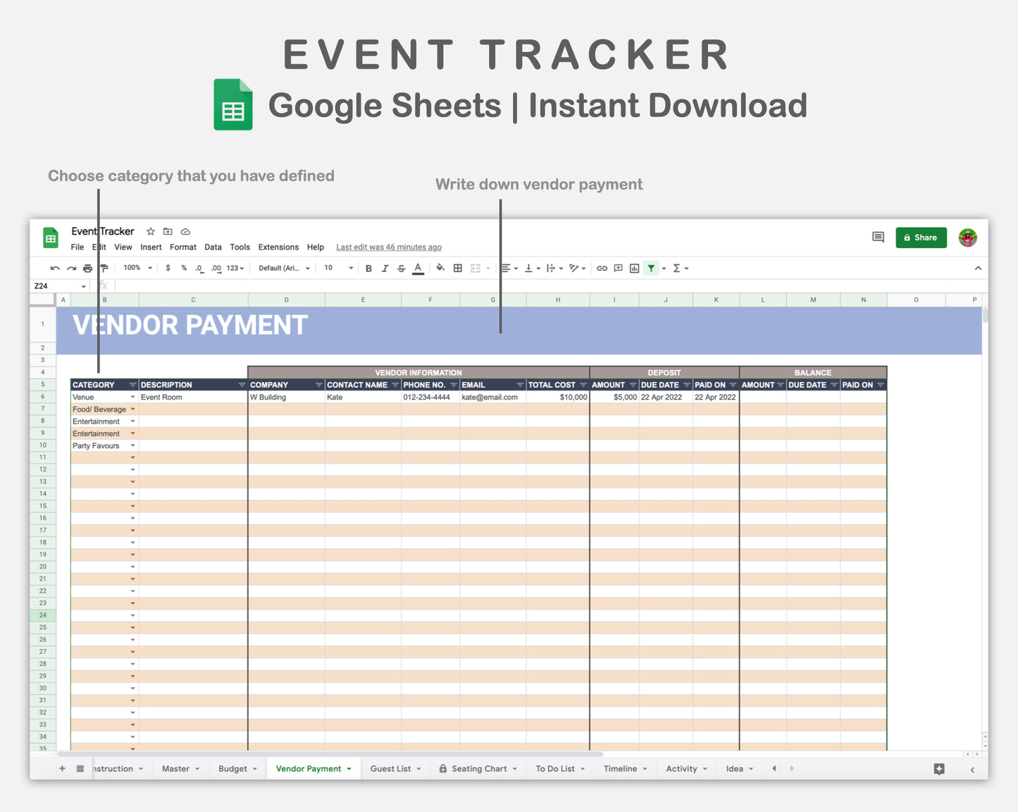 Google Sheets - Event Planner - Sweet