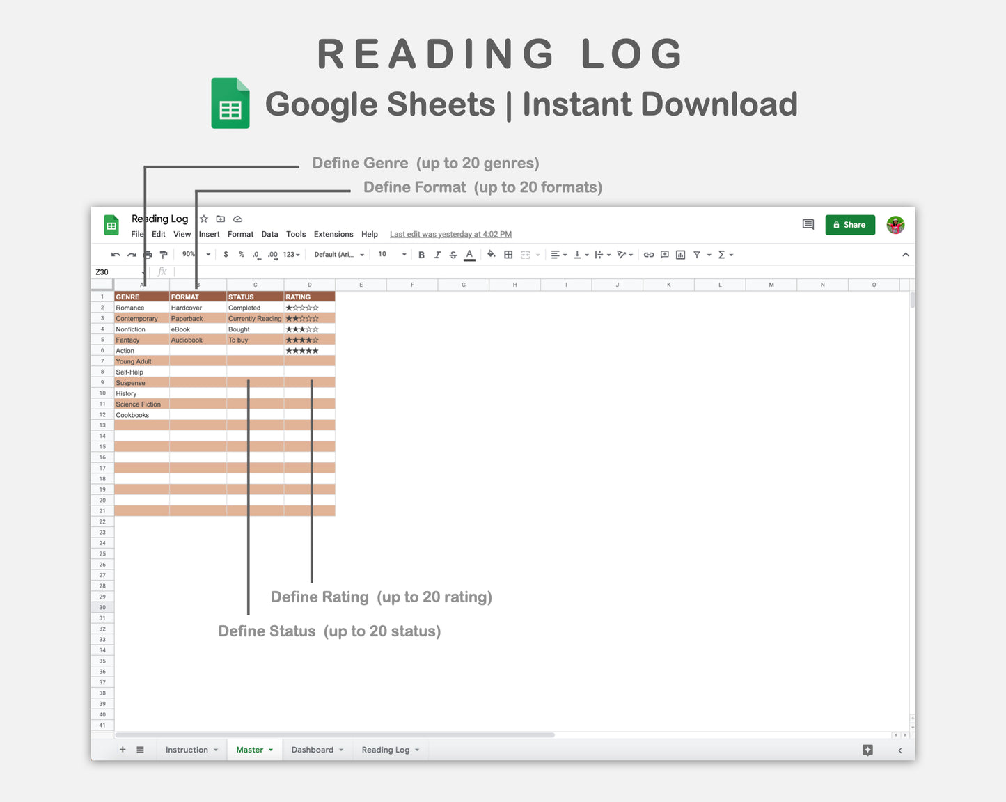 Google Sheets - Reading Log - Boho