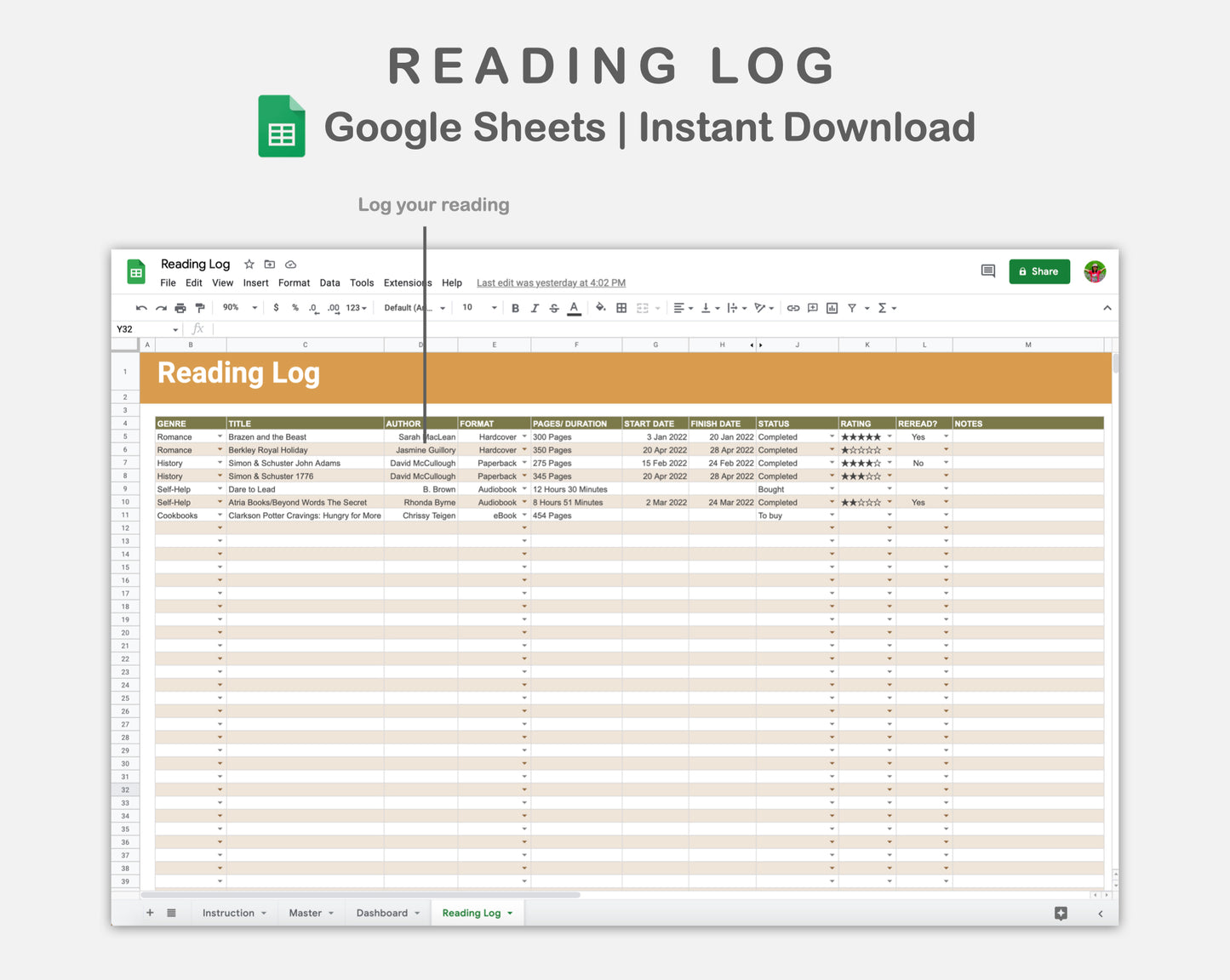 Google Sheets - Reading Log - Boho