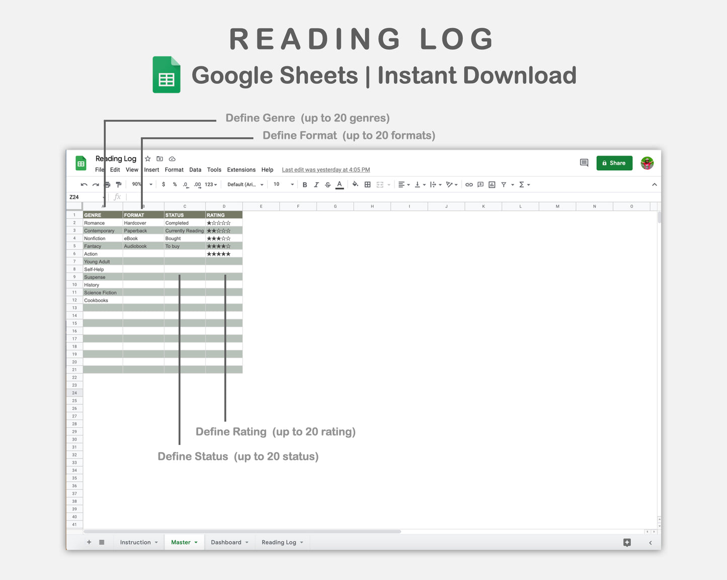 Google Sheets - Reading Log - Earthy