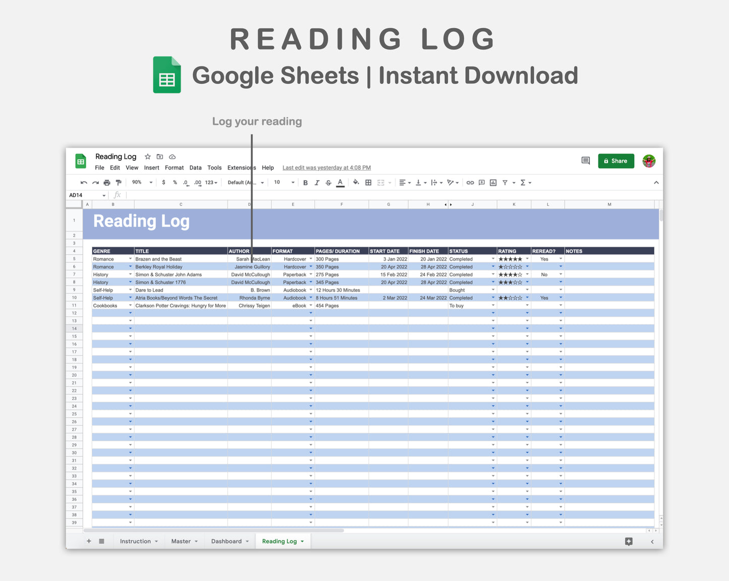 Google Sheets - Reading Log - Sweet