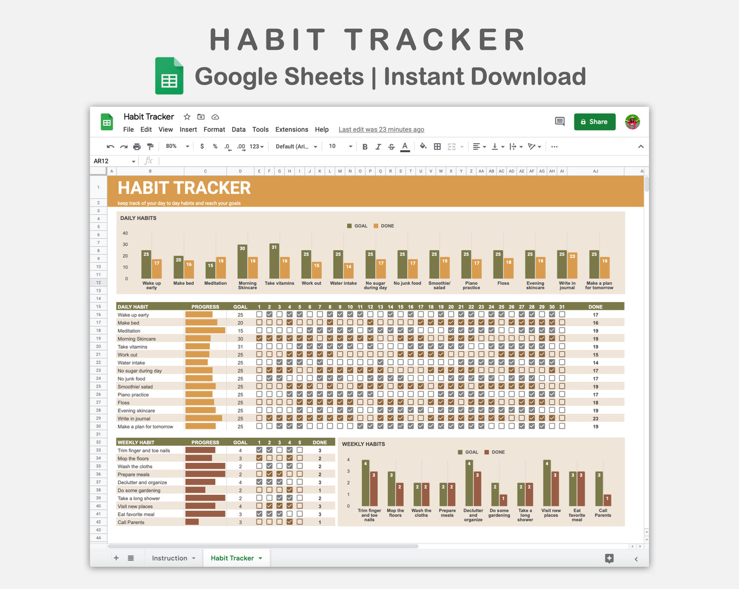 Google Sheets - Habit Tracker - Boho