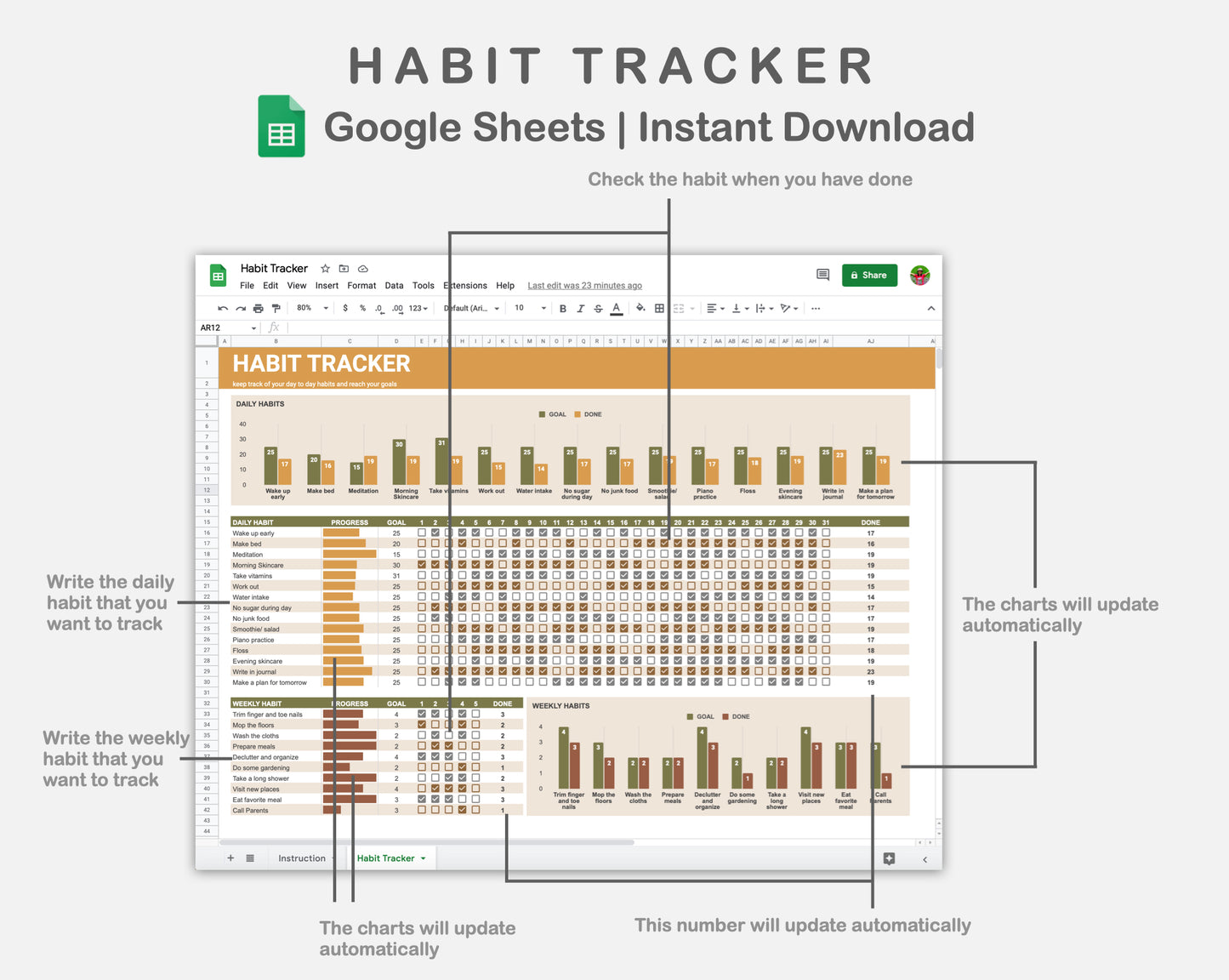 Google Sheets - Habit Tracker - Boho