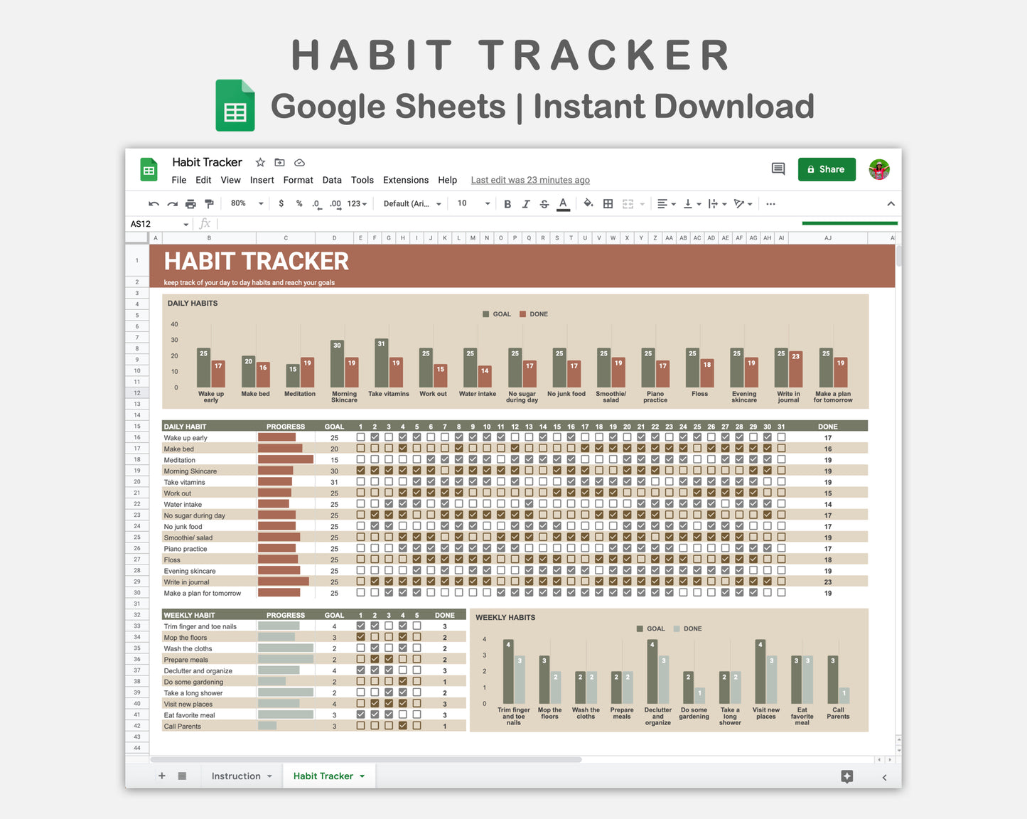 Google Sheets - Habit Tracker - Earthy