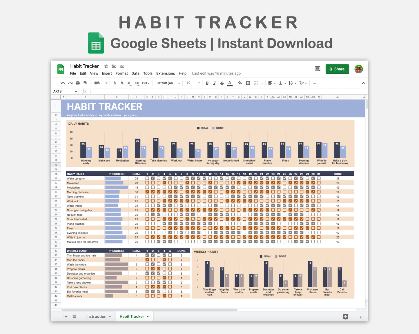 Google Sheets - Habit Tracker - Sweet