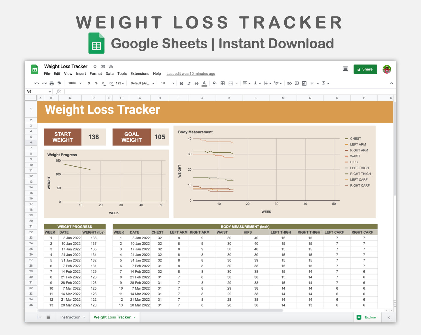 Google Sheets - Weight Loss Tracker - Boho