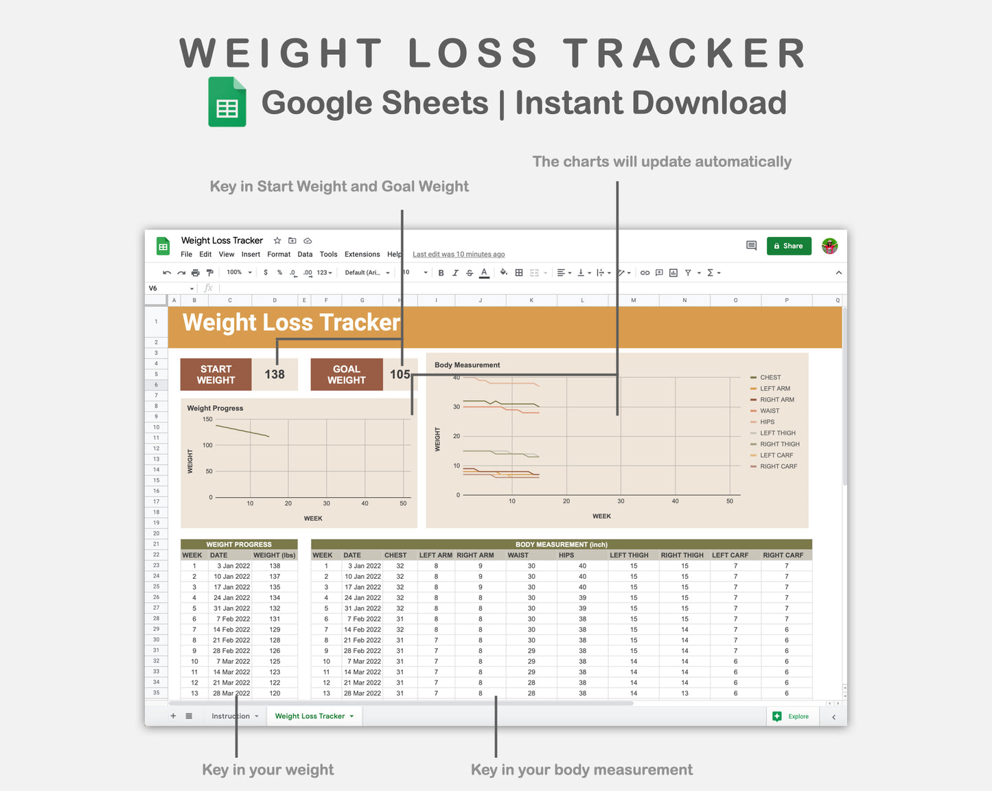 Google Sheets - Weight Loss Tracker - Boho