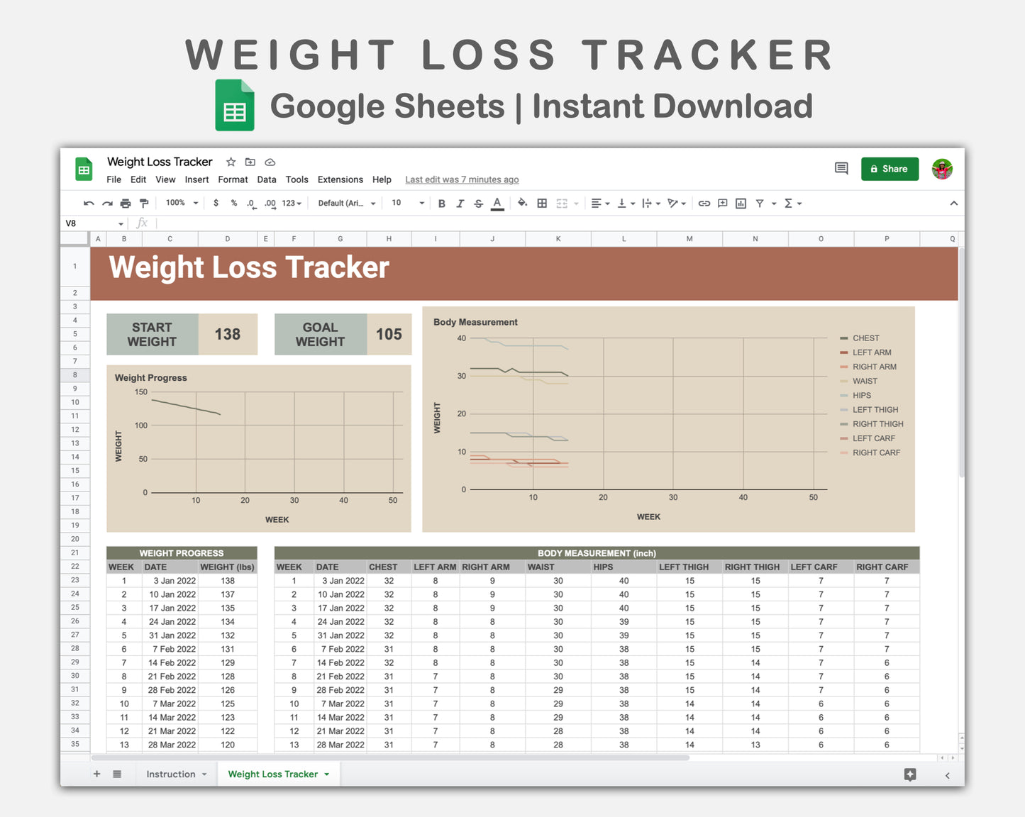 Google Sheets - Weight Loss Tracker - Earthy