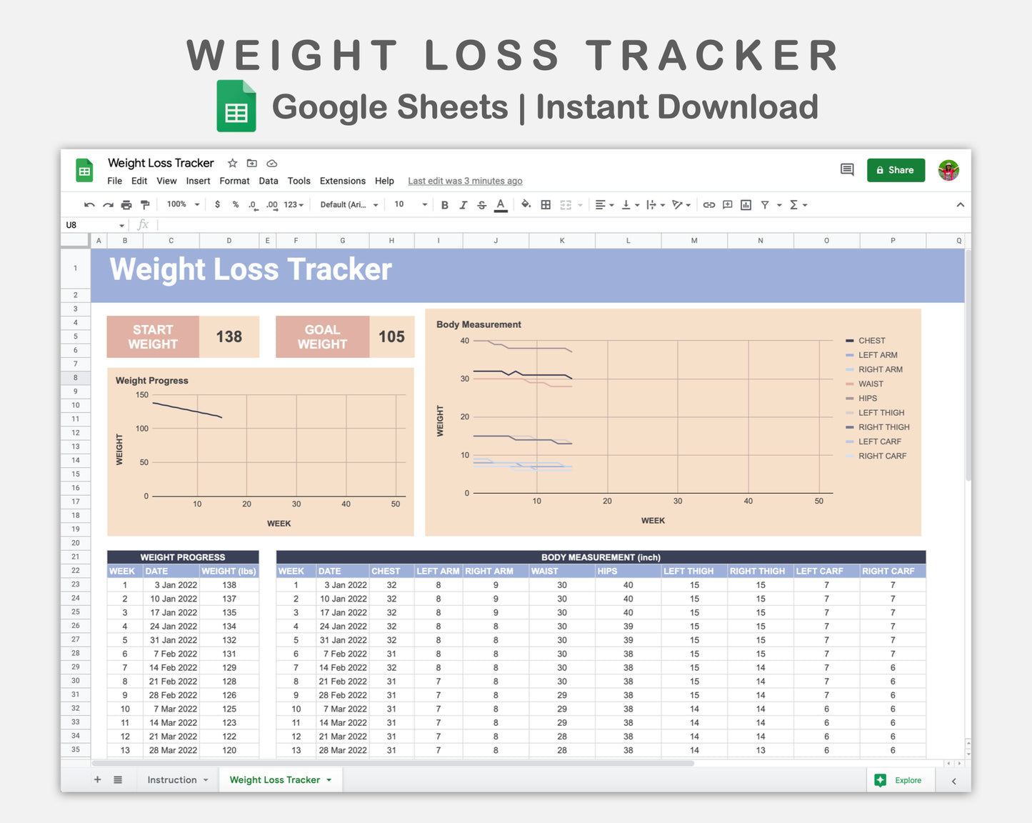 Google Sheets - Weight Loss Tracker - Sweet